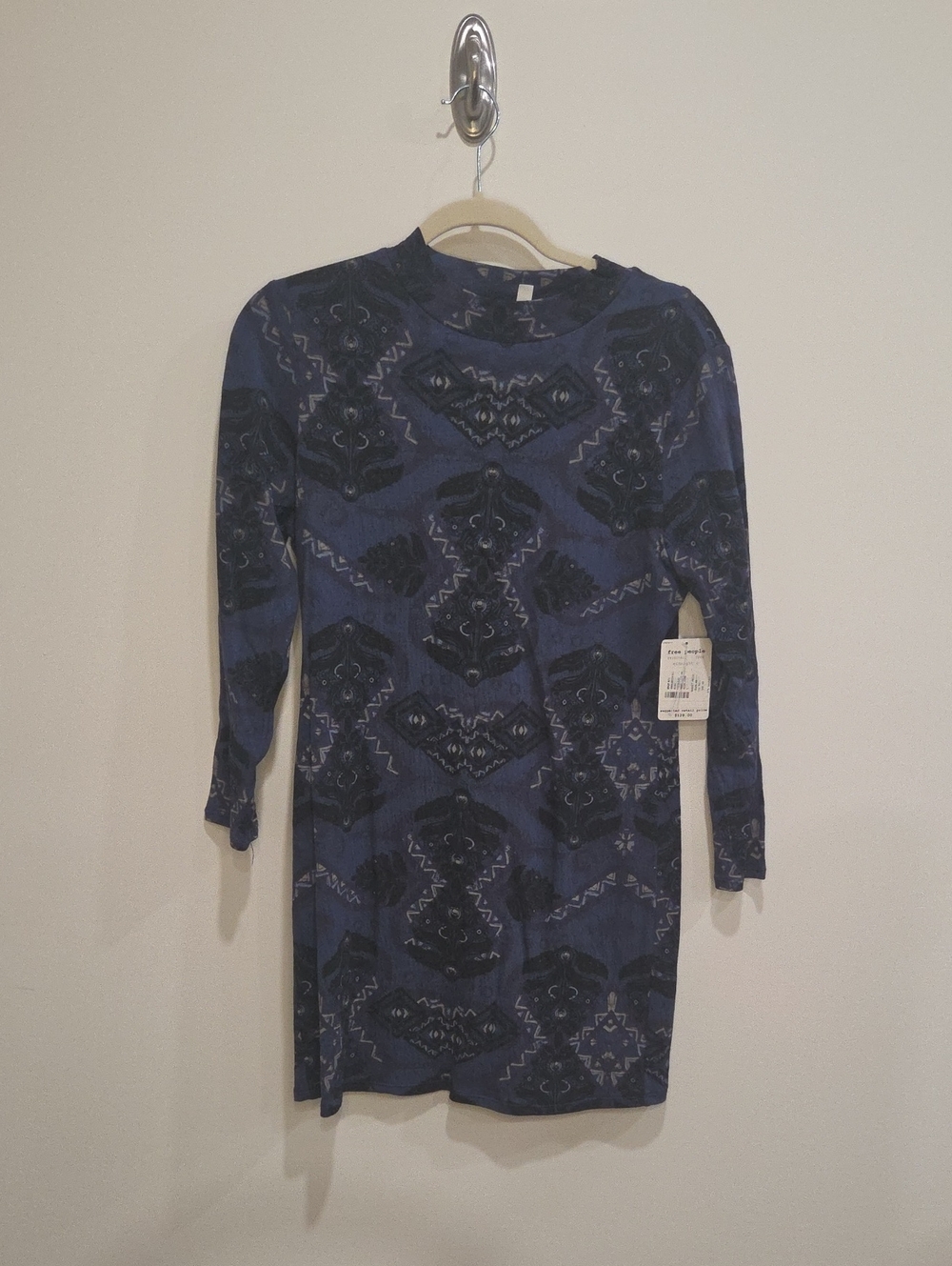 NWT Free People Navy Blue Patterned Long-Sleeve Shift Dress